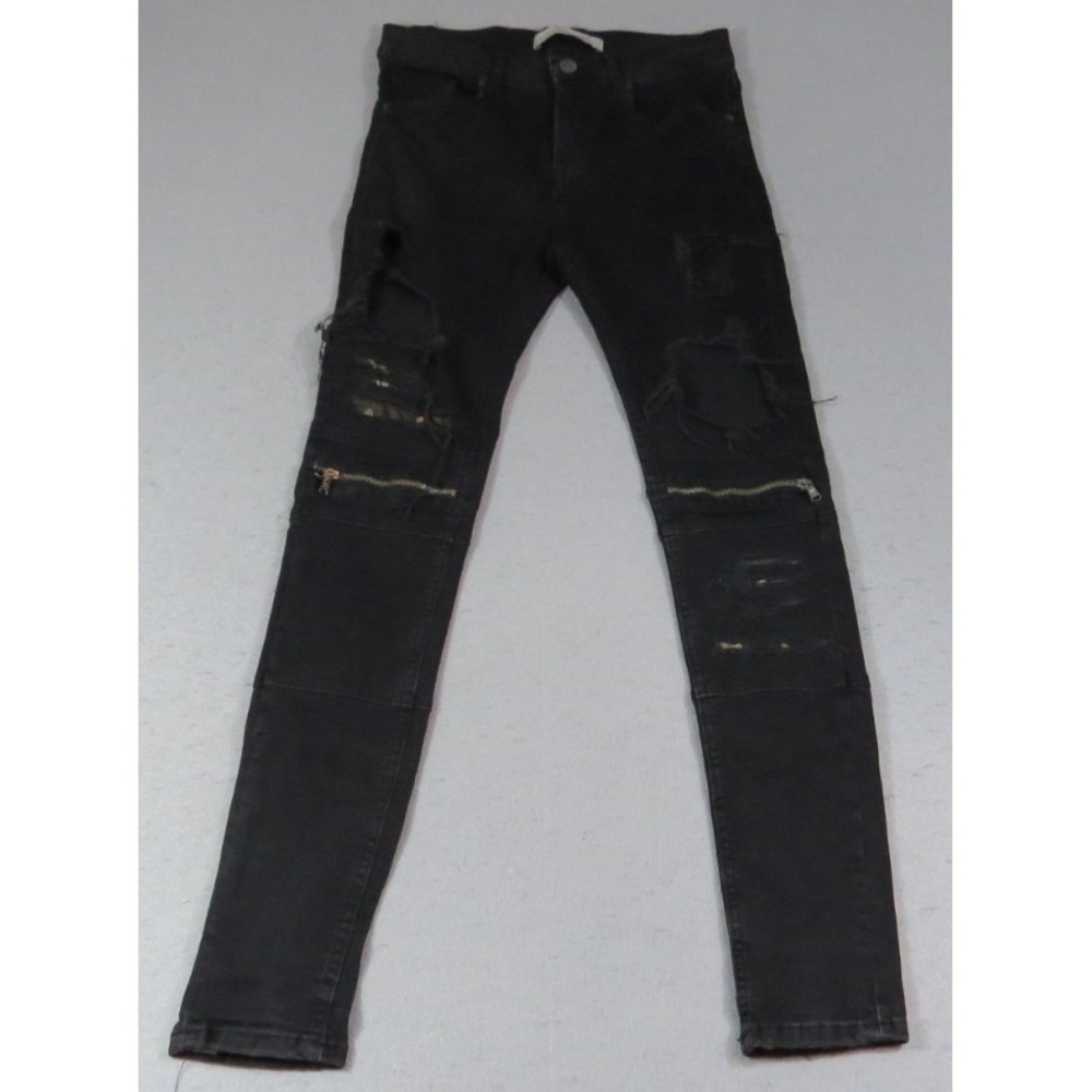 Zara Man Moto Jeans 30 Black Distressed Biker Zip Camo Slim Grunge Denim Pants